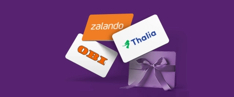 Geschenkkarten von Zalando, Thalia, OBI vor lila Hintergrund, ideal für jeden Anlass.
