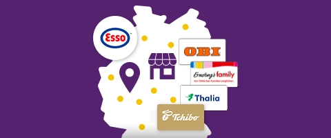 Deutschlandkarte mit Logos von Esso, OBI, Ernsting&#039;s family, Thalia und Tchibo.