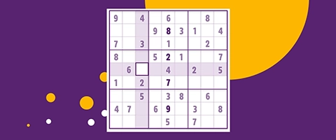 Sudoku-Rätsel auf lila Hintergrund mit gelben Akzenten, herausfordernd und fesselnd.