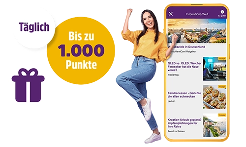 Junge Frau mit Smartphone, täglich bis zu 1.000 Punkte sammeln, inspirierende Inhalte.