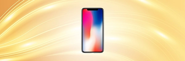 Modernes Smartphone vor goldener, dynamischer Hintergrundgrafik. Perfekt für Technikliebhaber.
