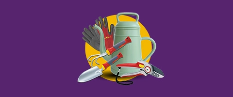 Gartenwerkzeug-Set: Gießkanne, Handschuhe, Schaufel und Schere auf lila Hintergrund.