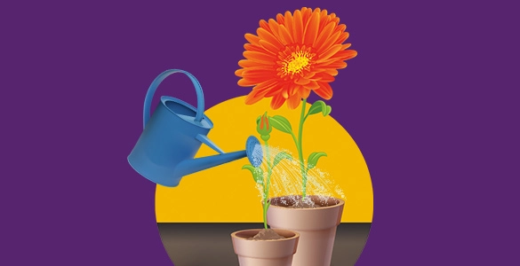 Blühende Blume mit Gießkanne auf lila Hintergrund, Wachstum und Pflege im Fokus.