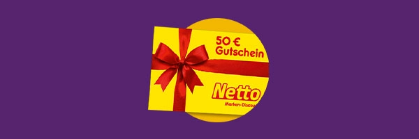 50 € Netto-Gutschein mit roter Schleife auf lila Hintergrund. Perfekt zum Sparen!