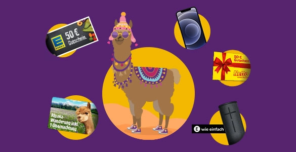 Buntes Lama mit Geschenken: Gutscheine, Smartphone, Powerbank. Entdecken Sie tolle Angebote!