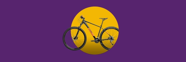 Hochwertiges Mountainbike vor lila Hintergrund, ideal für Abenteuer und Outdoor-Enthusiasten.