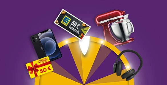 Gewinnspiel: Drehrad mit Smartphone, Kopfhörer, Mixer und Gutscheinen.