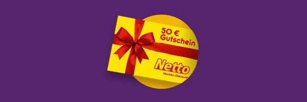 50 € Netto Gutschein mit roter Schleife auf lila Hintergrund. Perfekt für Sparfüchse!