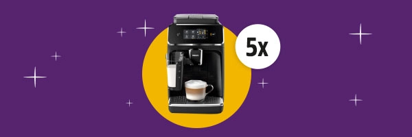 Kaffeevollautomat mit Tasse, lila Hintergrund, 5-fach Gewinnchance.