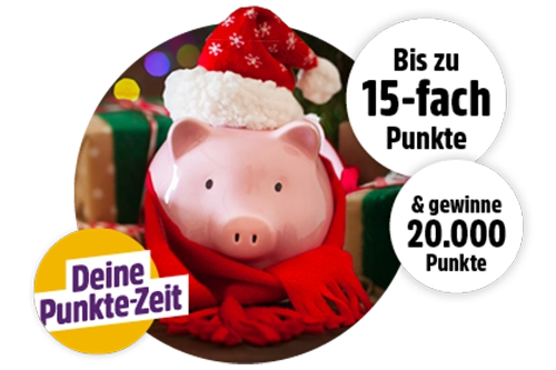 Weihnachtliches Sparschwein mit Geschenken, 15-fach Punkte, 20.000 Punkte gewinnen.