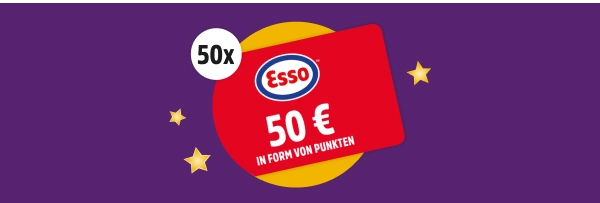 50x Esso 50 € Punktekarte auf lila Hintergrund mit Sternen.