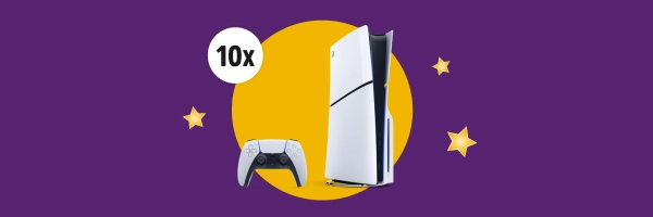 Gaming-Konsole mit Controller, Gewinnchance 10x, lila Hintergrund, gelber Kreis, Sterne.