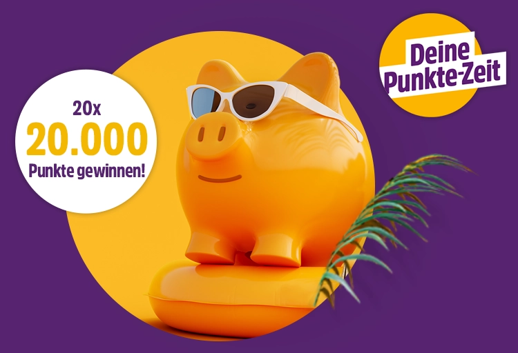 Gewinne 20.000 Punkte: Stylisches Sparschwein mit Sonnenbrille auf lila Hintergrund.