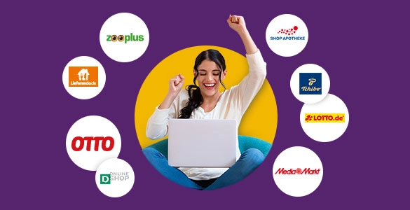 Frau jubelt am Laptop, umgeben von beliebten Online-Shops. Entdecken Sie jetzt die Vielfalt!