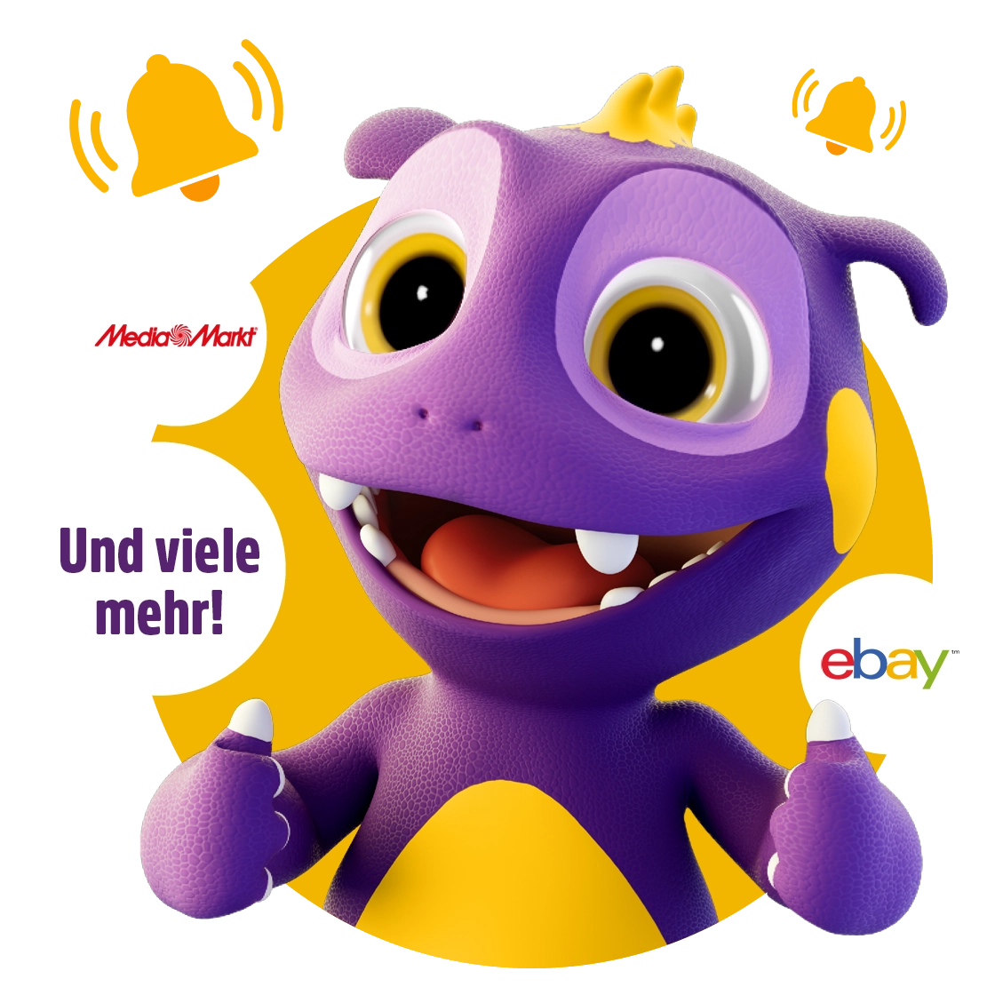 Lila Cartoon-Drache mit Logos von MediaMarkt und eBay, fröhlich und einladend.