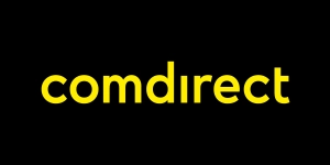 comdirect Logo auf schwarzem Hintergrund, modern und einladend.