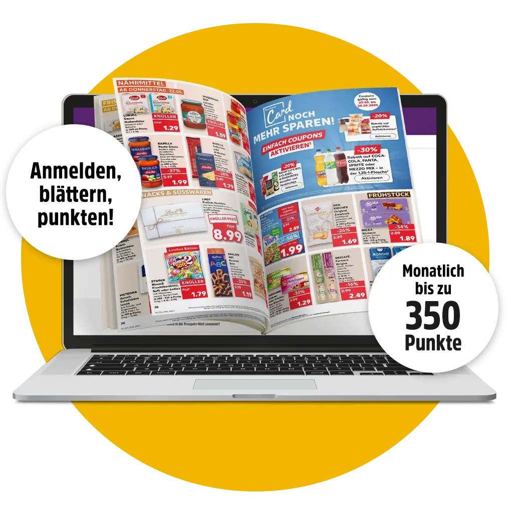 Laptop mit geöffnetem Prospekt: Entdecken Sie Angebote und sammeln Sie monatlich bis zu 350 Punkte!