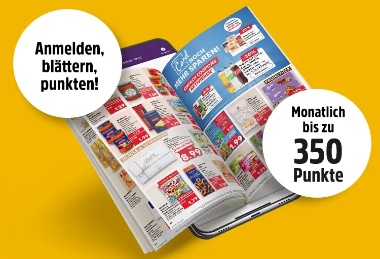 Offenes Prospekt auf Smartphone: Entdecken, sparen, punkten! Bis zu 350 Punkte monatlich.