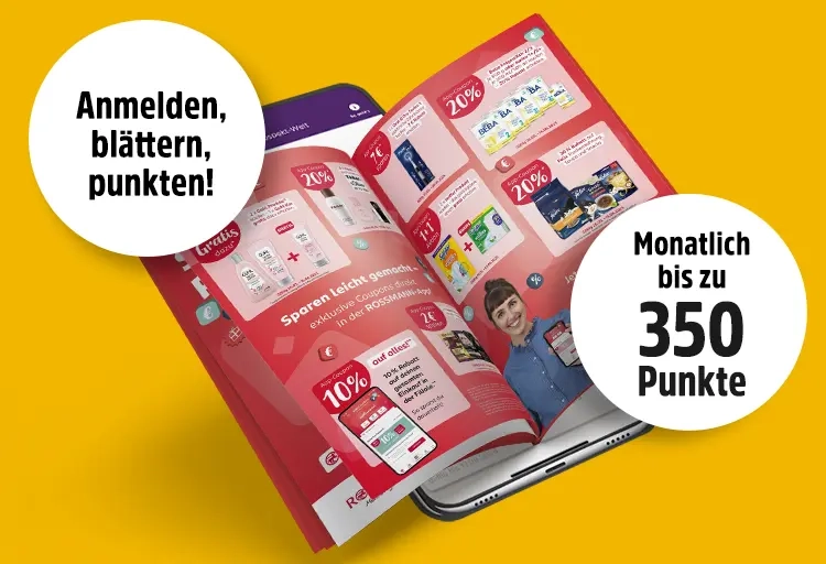 Offenes Prospekt mit Rabattaktionen, monatlich bis zu 350 Punkte sammeln.