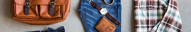 Stilvolle Herrenmode: Lederaccessoires, Jeans, Hemd und Uhr für den modernen Mann.