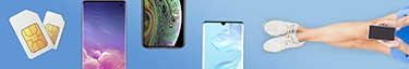 Smartphones und SIM-Karten auf blauem Hintergrund, ideal für Mobilfunkangebote.