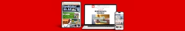 Digitale Zeitschriften auf Tablet, Laptop und Smartphone vor rotem Hintergrund.