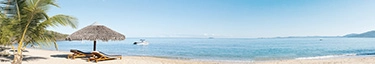 Traumstrand mit Liegen und Palmen, ideal für Entspannung und Erholung am Meer.