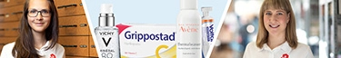 Apothekerinnen präsentieren Grippostad und Vichy-Produkte in moderner Apotheke.