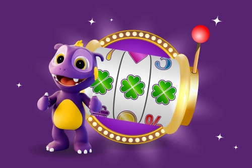 Lustiger lila Drache mit Spielautomaten, Glückssymbole, Gewinnchancen entdecken.
